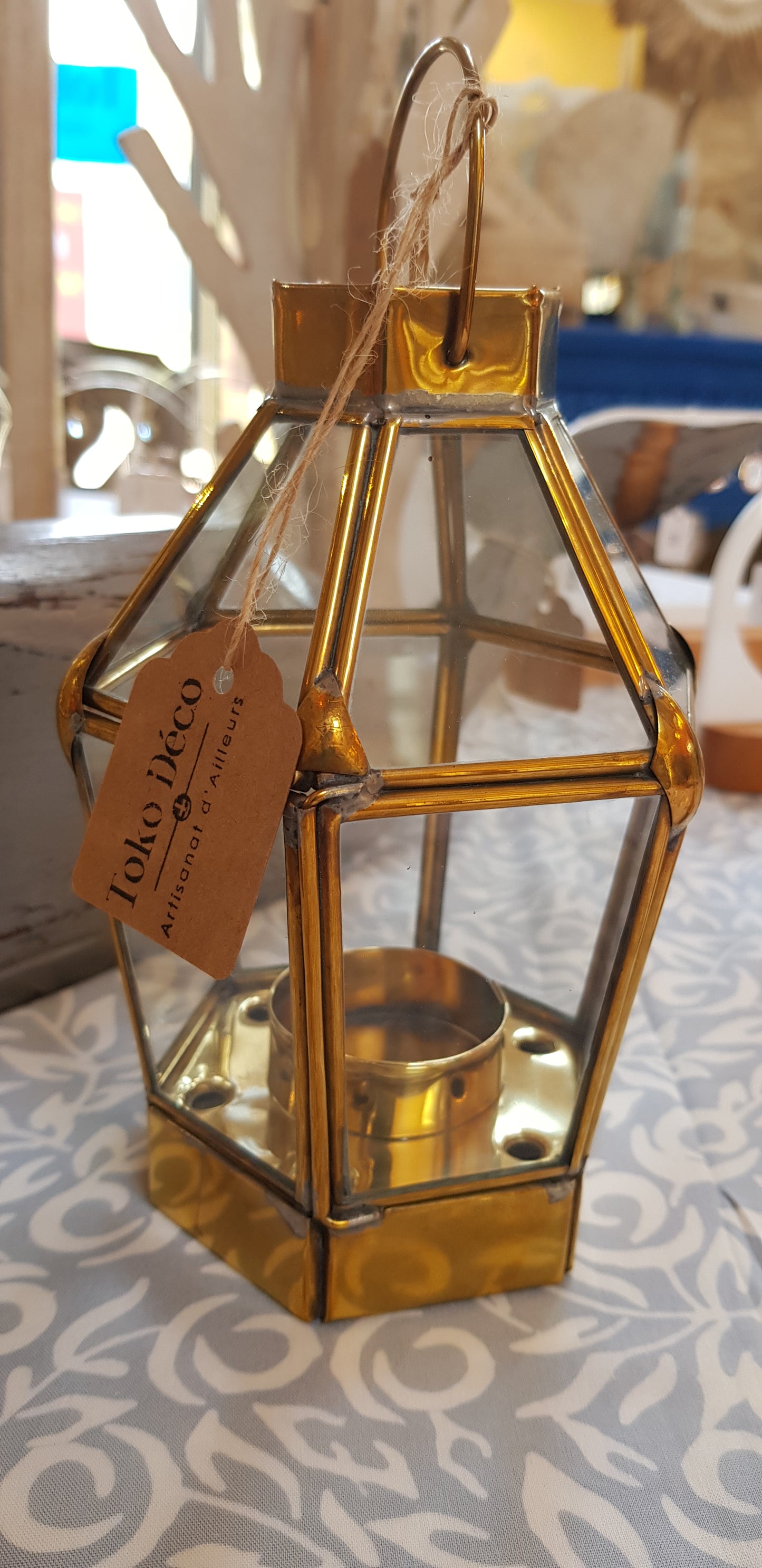 Lanterne hexagonale en laiton H 15 cm