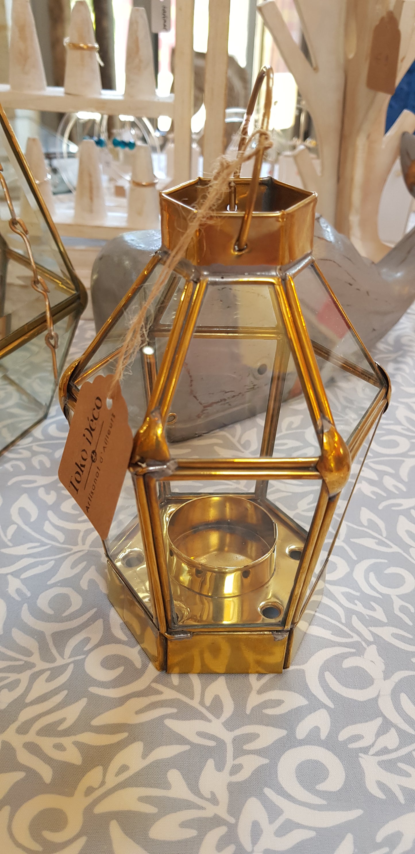 Lanterne hexagonale en laiton H 15 cm